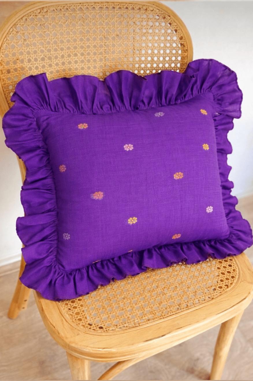 Purple Small Jamdani Motif Pillow Cover With Frills 
