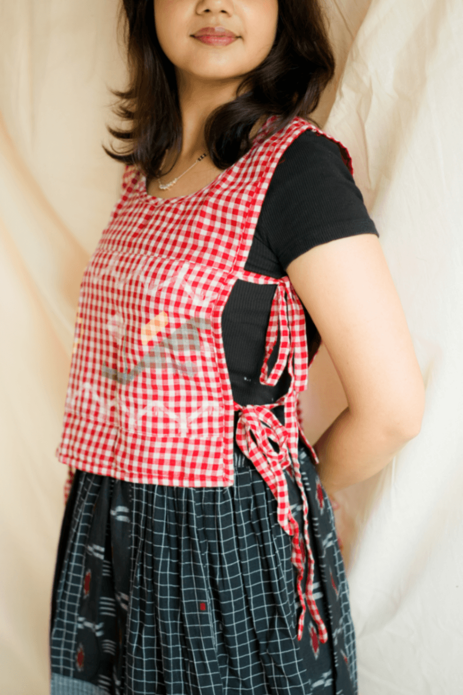 Gingham Bib Vest with Classic Jamdani Border